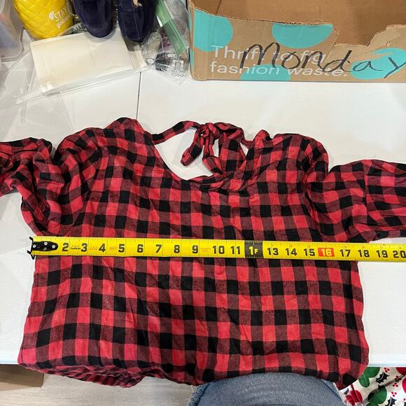 Anthropologie Cloth & Stone Red Buffalo Plaid Mini Dress Back Tie Womens PXS - Picture 6 of 7